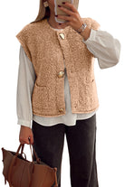 Light French Beige Big Button Accent Fuzzy Pocket Vest Vests 6b2b3df9c2f20205