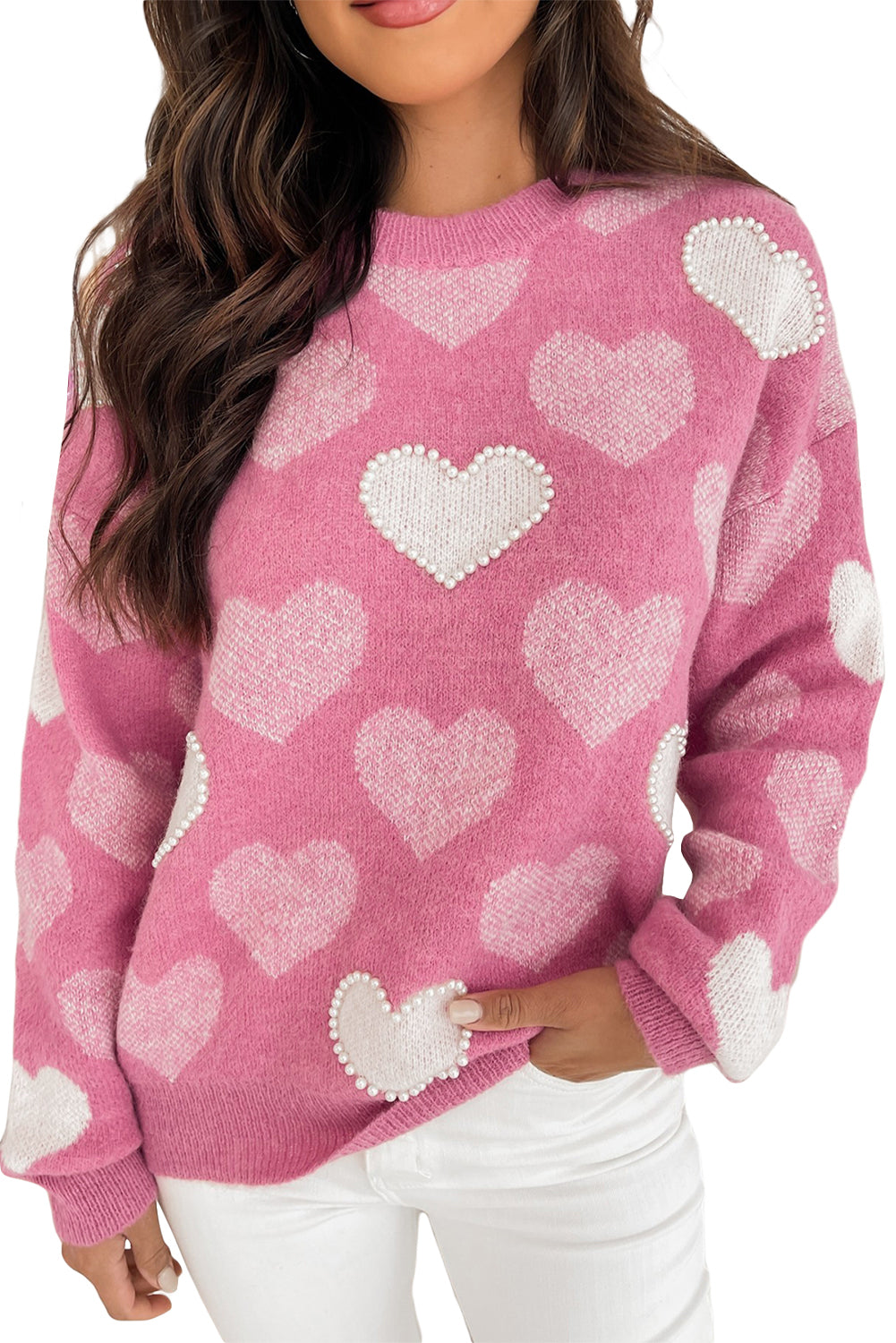 Pink Pearl Heart Print Valentines Crew Neck Sweater Sweaters 6b3adcbc7046d44d