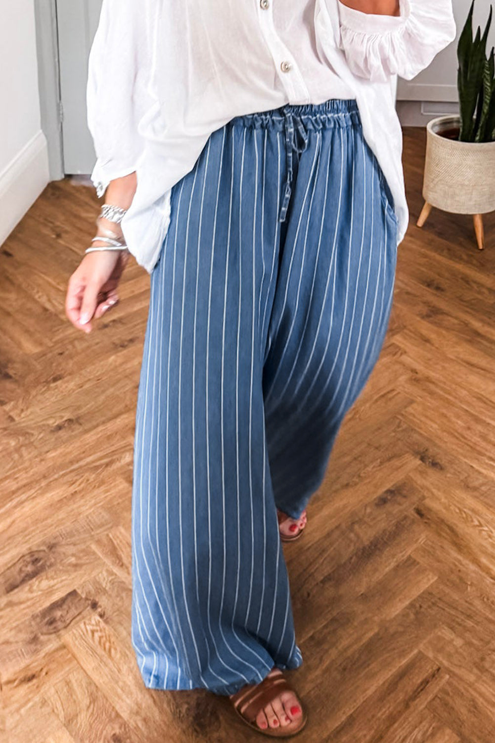 Sky Blue Stripe Chambray Wide Leg Tied Elastic Waist Trousers Pants 6b3d1ec269b3f0cb
