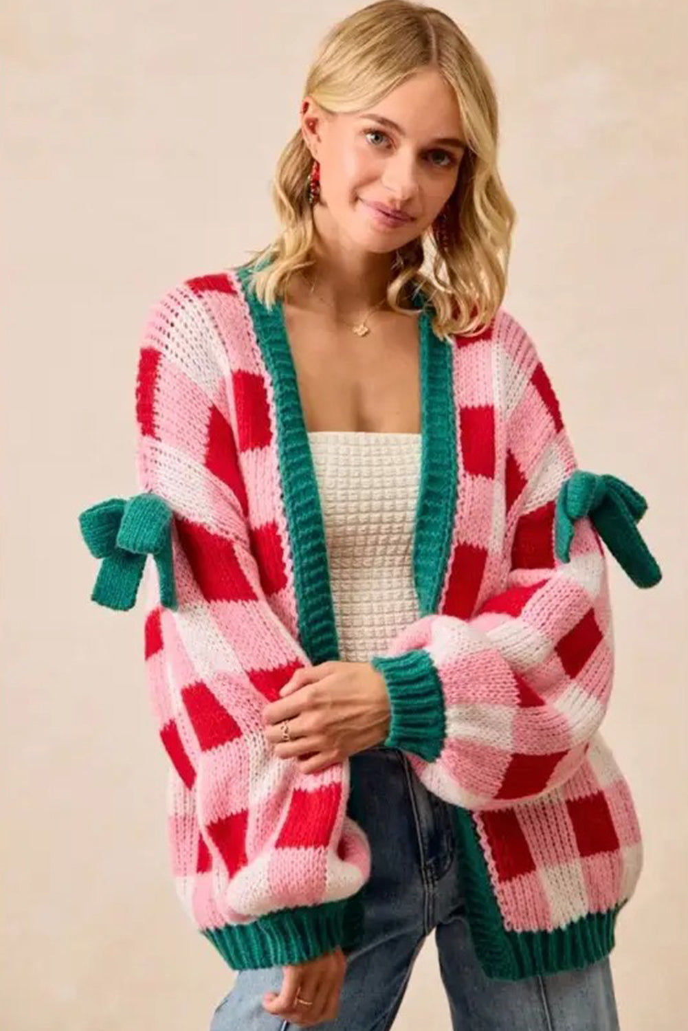 Pink Colorblock Checkered Open Front Knit Cardigan Cardigans 6b4768bbd90d84ba