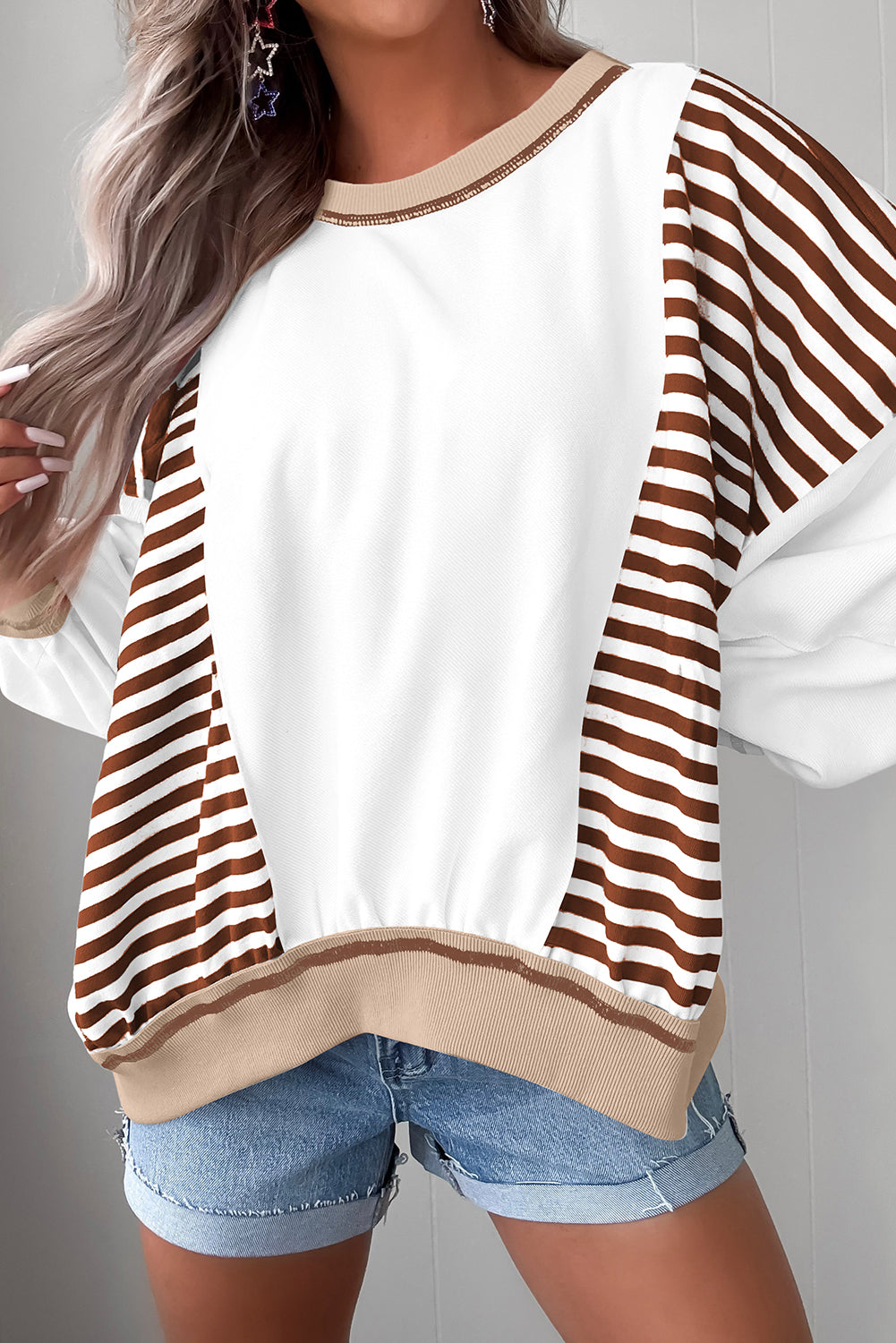 Brown Striped Colorblock Patchwork Oversized Sweatshirt Sweatshirts & Hoodies 6b53126877d23dea