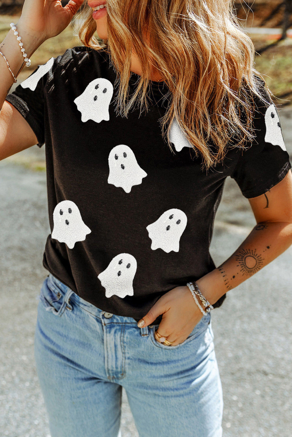 Sachet Pink Halloween Ghost Sequins Patch Casual T Shirt Graphic Tees 6b6eea59345ed13d
