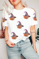 White Pumpkin Witch Sequins Patch Halloween Graphic Tee Graphic Tees 6b7da15ed9d76146