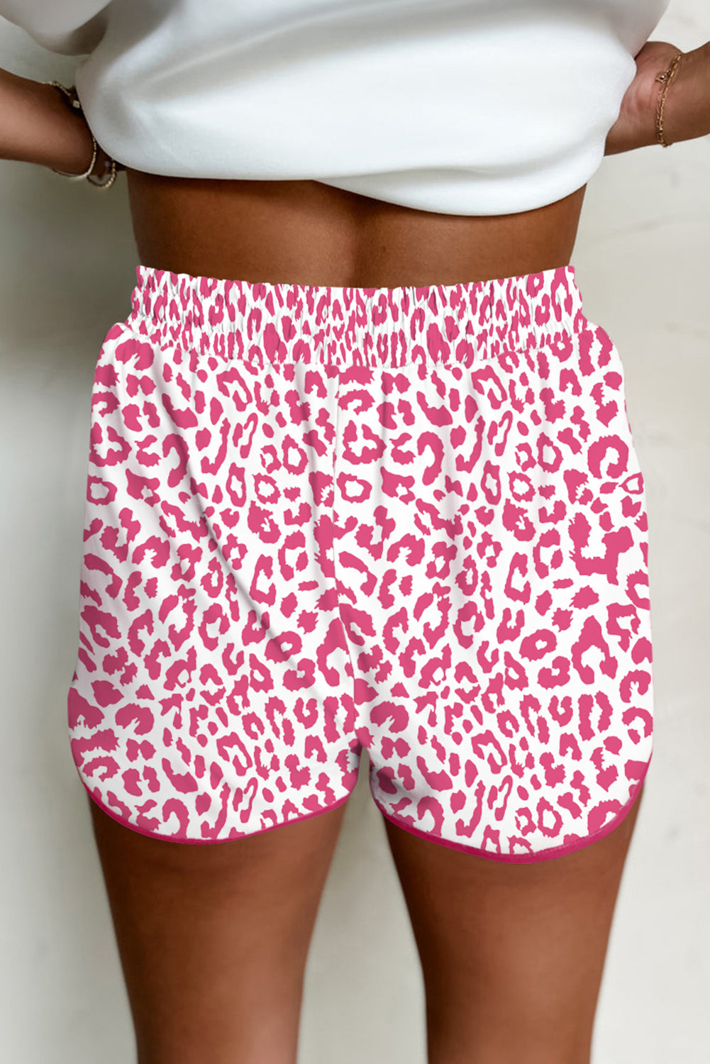 White Leopard Elastic Waist Lace up Contrast Trim Casual Shorts Shorts 6b9ffaef431f16a1