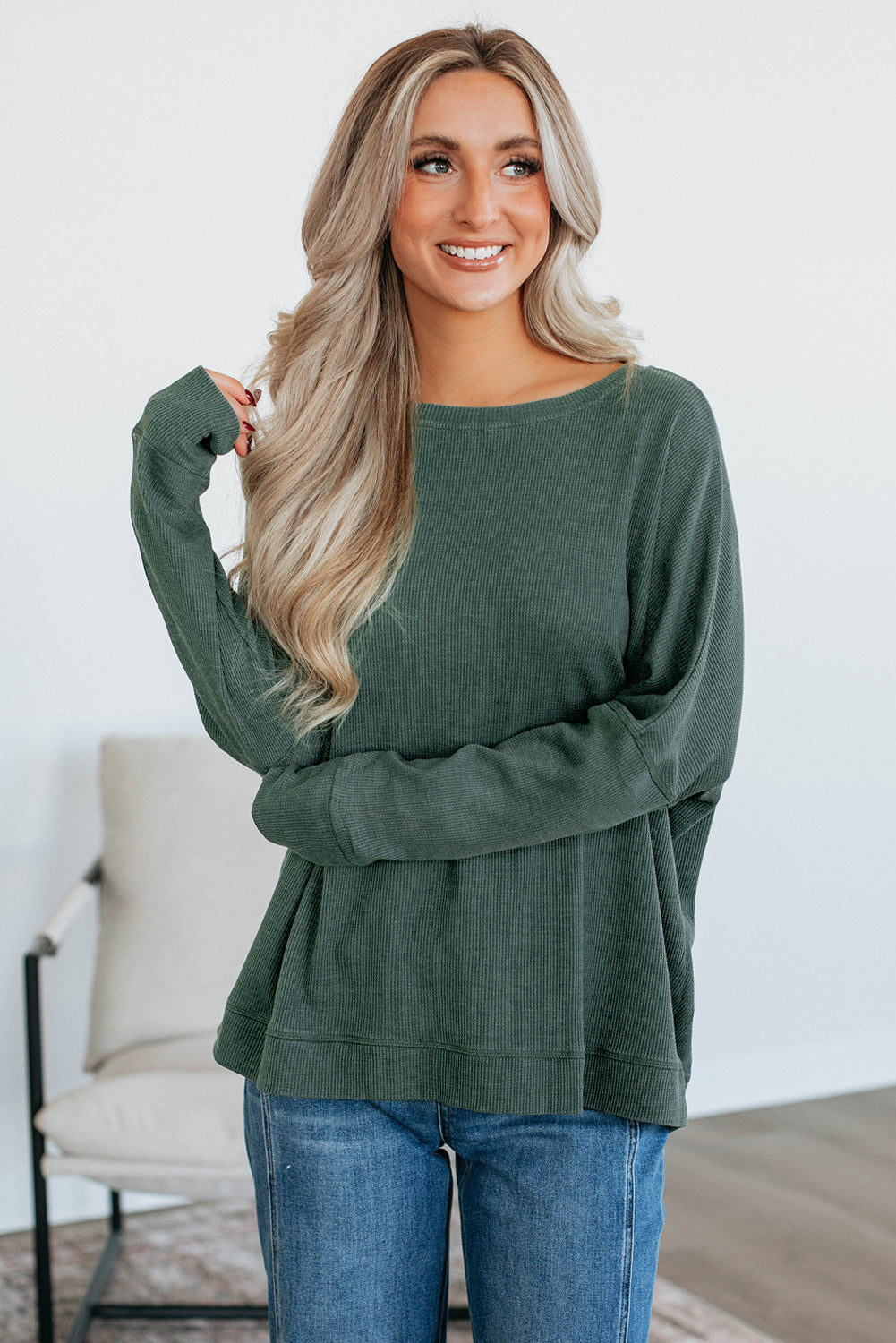 Mist Green Ribbed Plain Long Sleeve Loose Top Long Sleeve Tops 6bb4f3c76af8ded6