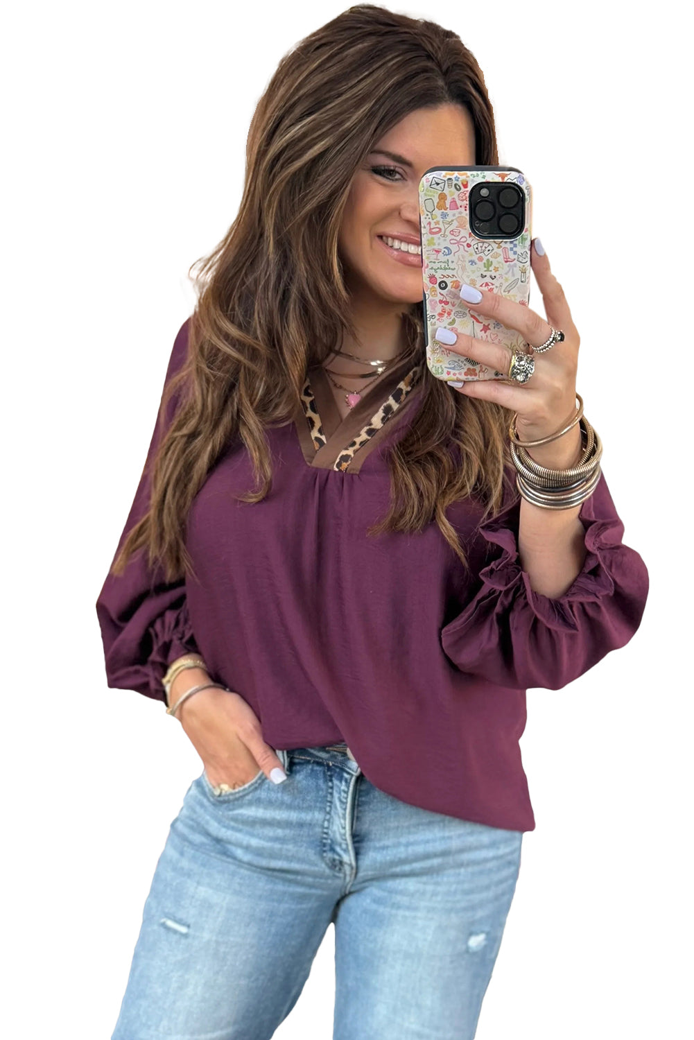 Violet Leopard Trim Notched Neck Bubble Sleeve Blouse Blouses 6bd119acb9e21534