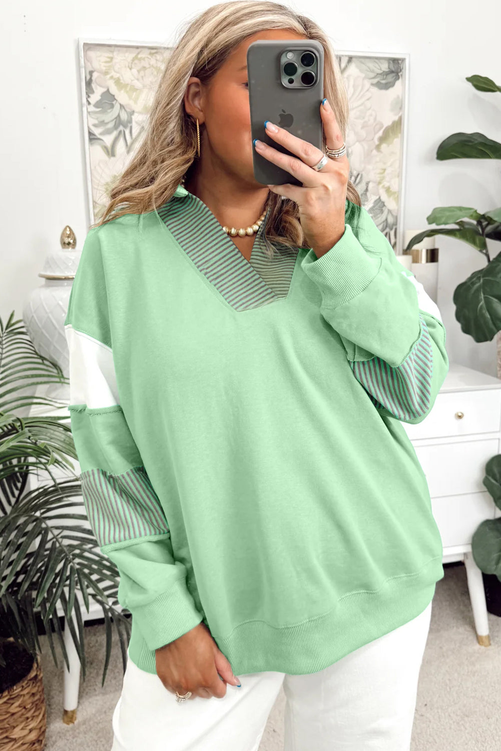 Moonlight Jade Colorblock Striped Patchwork Collar V Neck Plus Size Sweatshirt Plus Size Tops 6be8fc7d370cf75c