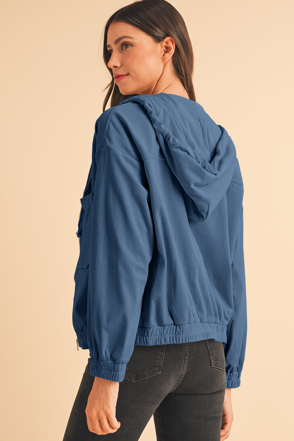 Real Teal Corduroy Drawstring Hooded Pocket Zip Up Jacket Jackets 6bfd3754b54bf9ac