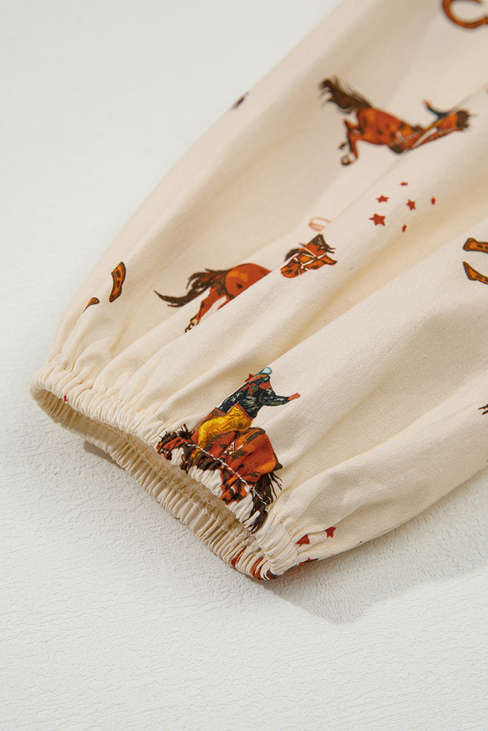 Apricot Rodeo Print Tied Front Puff Sleeve Peplum Top Blouses 6c39267bc506090d