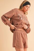 Straw Yellow Sequins COFFEE Loose Fit Sweatshirt and Shorts Set Two Piece Shorts Sets 6c4737734812a0a5