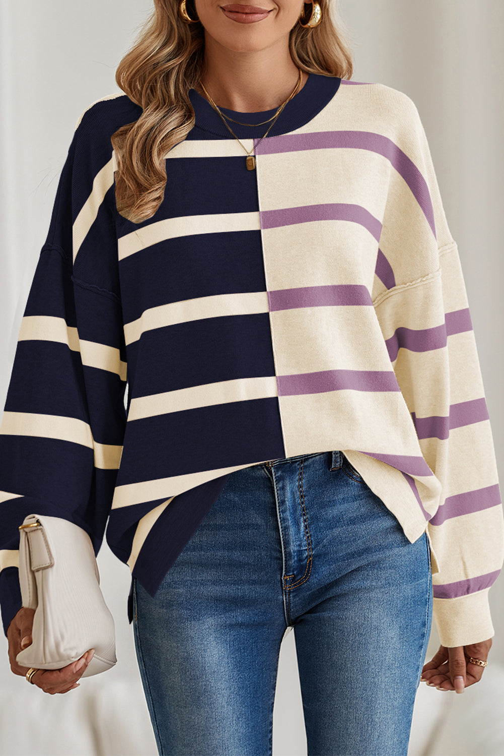 Blue Stripe Exposed Seam Patchwork Loose Sweater Sweaters 6c4b891928c9b19e