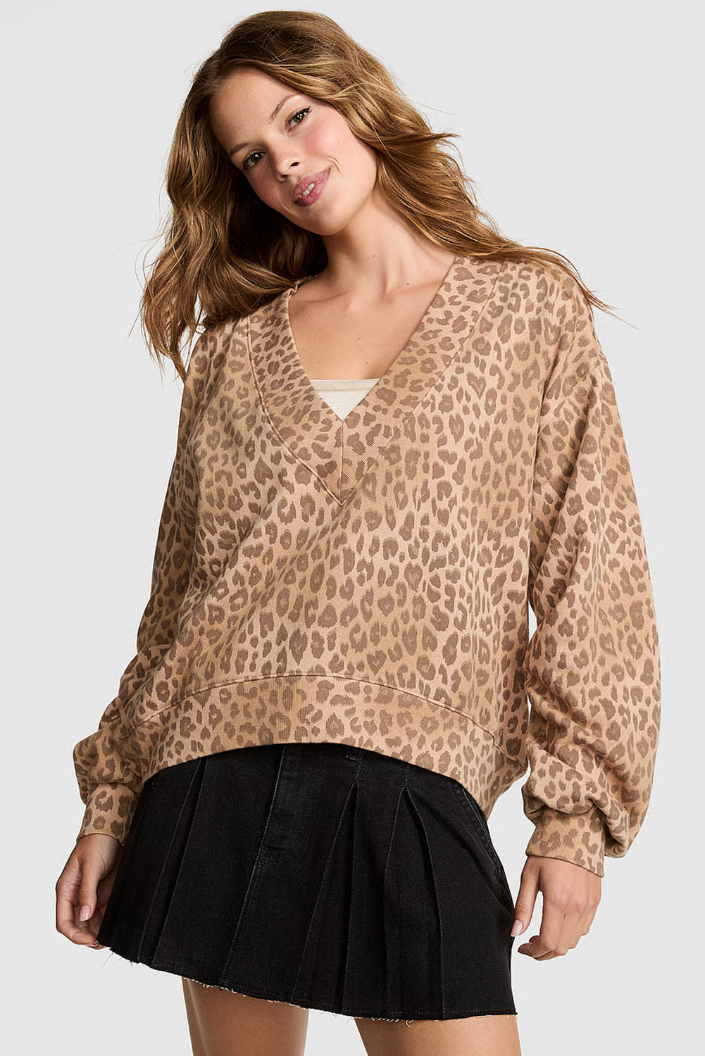 Light French Beige Leopard Pullover Mini Skirt Set Two Piece Skirt Sets 6c4d7ec72d785b5a