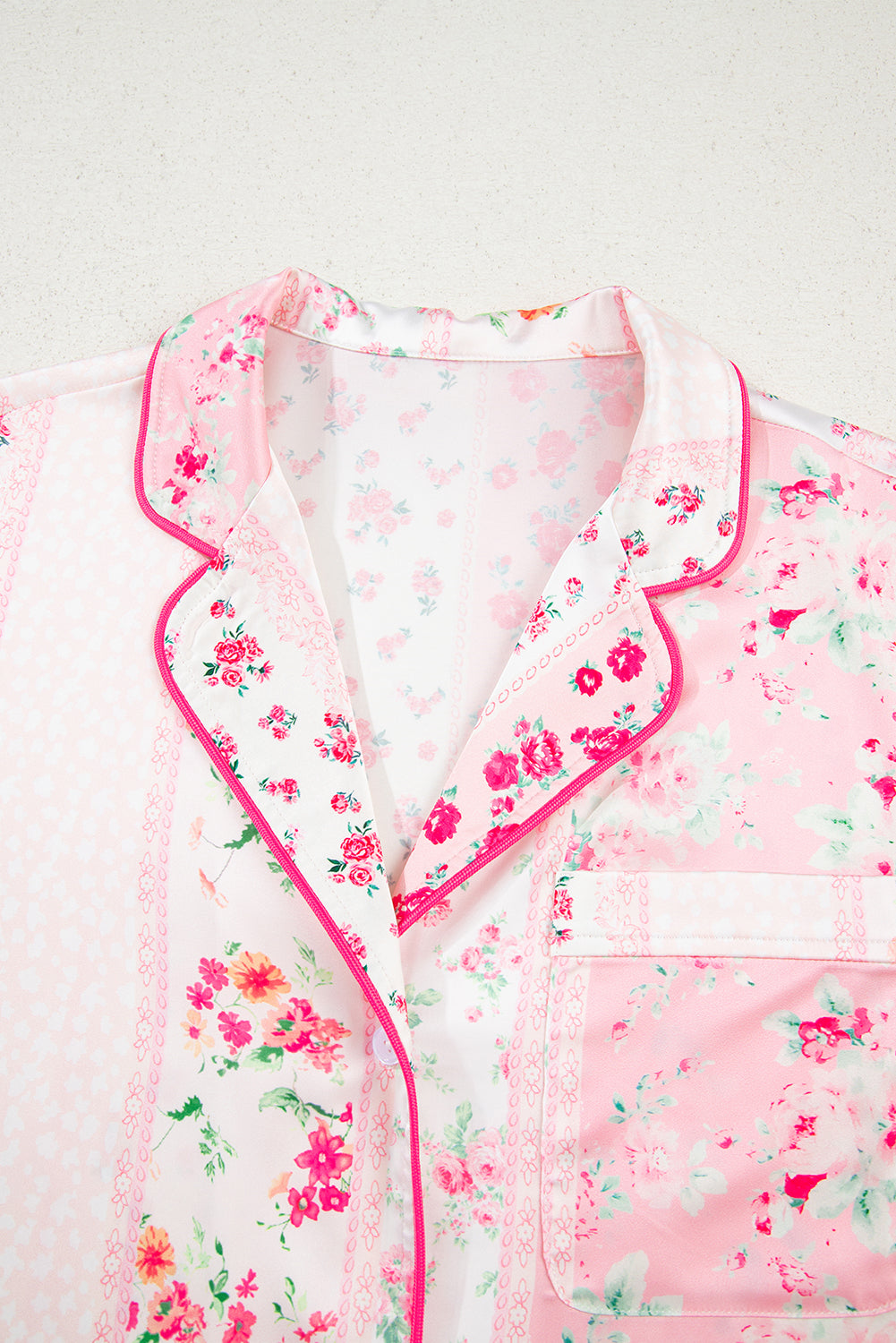 Pink Mixed Floral Print Contrast Piping Trim Satin Tie Pajama Set Loungewear Set 6c89f03d7260ab71