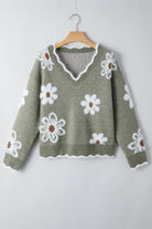 Smoke Gray Jacquard Floral Scallop V-neck Sweater Sweaters 6cb67d052c587507