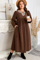 Coffee Embroidered Notched Neckline Textured Pleated High Waist Plus Size Midi Dress Plus Size Midi Dresses 6cba80eb0c70a191