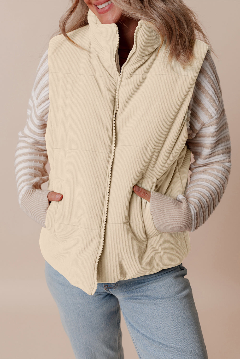 Beige Corduroy Stand Neck Zipped Puffer Vest Vests 6d245e72b6554f43