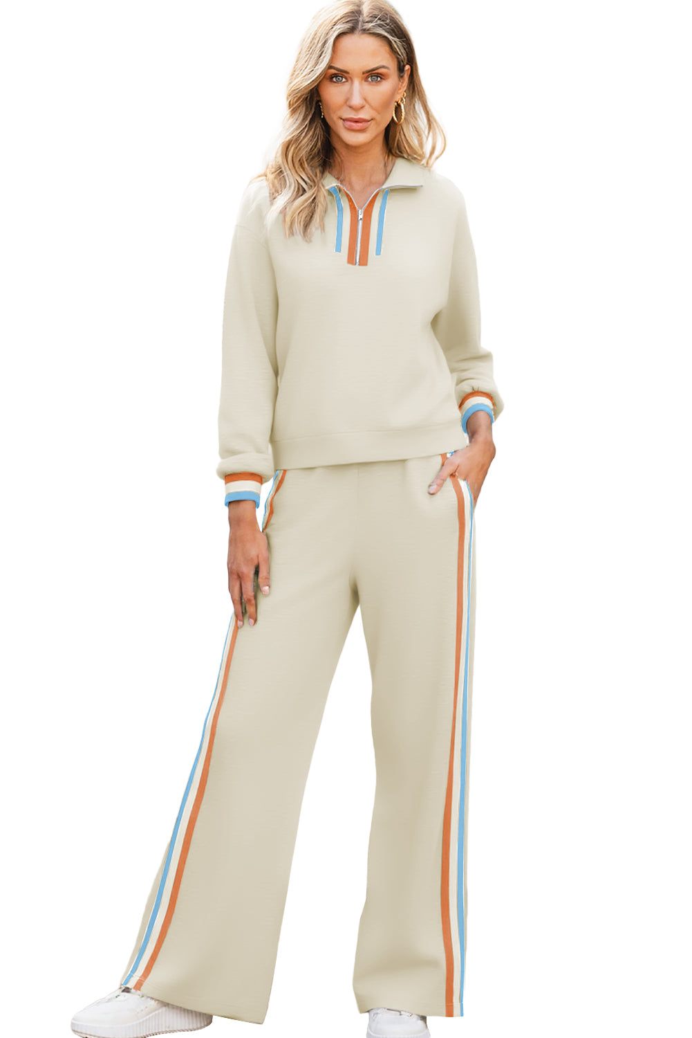 Apricot Striped Patchwork Quarter Zip Pullover Loose Pants Set Two Piece Pants Sets 6d4b5f24d97d832f