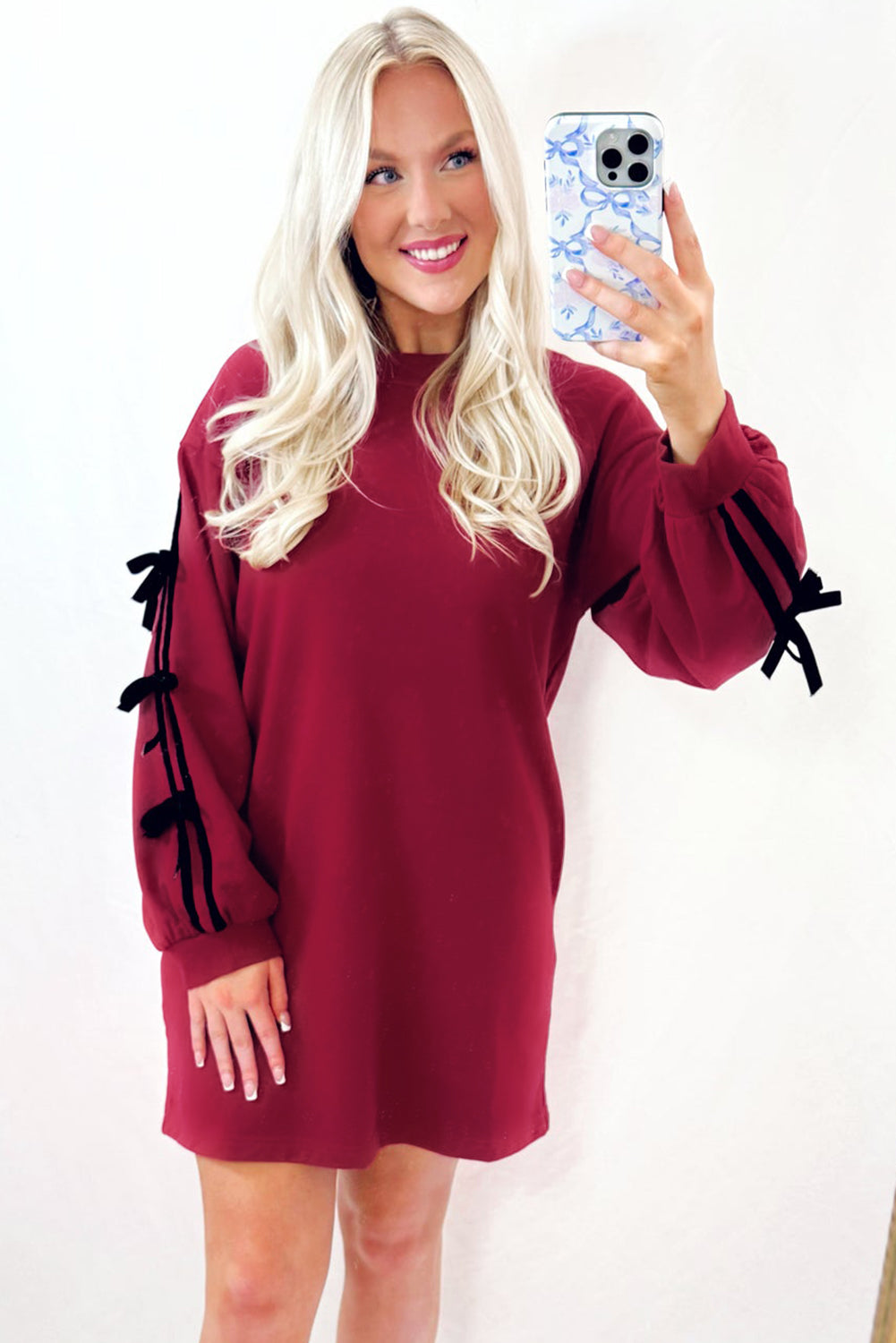 Racing Red Contrast Striped Bow Detail Drop Shoulder Sweatshirt Dress with Pockets Mini Dresses 6d5a59857537bc97