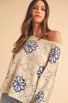 Beige Flower Print Drop Shoulder Hollow Knit Sweater Knit Tops 6d6d05a2af76a59a
