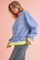 Blue Stripe Contrast Edge Cross Seam Oversized Pullover Sweatshirts & Hoodies 6d765f8a07922f6b