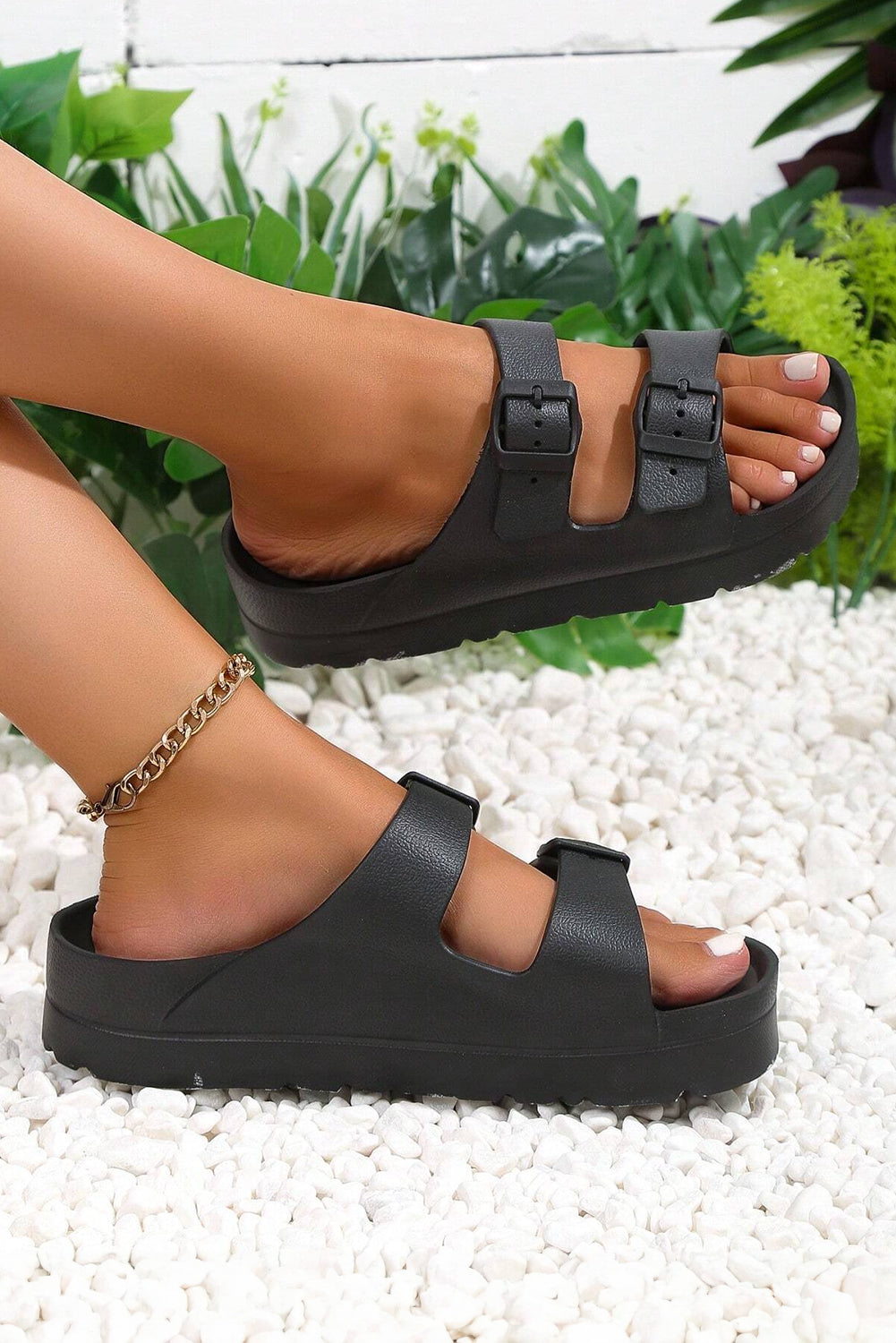 Black Solid Color Buckle Straps Beach Slides Shoes Slides Shoes + Flip Flops 6d7ad2fc0f4f6a0b
