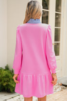 Pink Striped Collar Long Sleeve Ruffle Hem Dress Short Dresses 6d9dc445d5293d8e