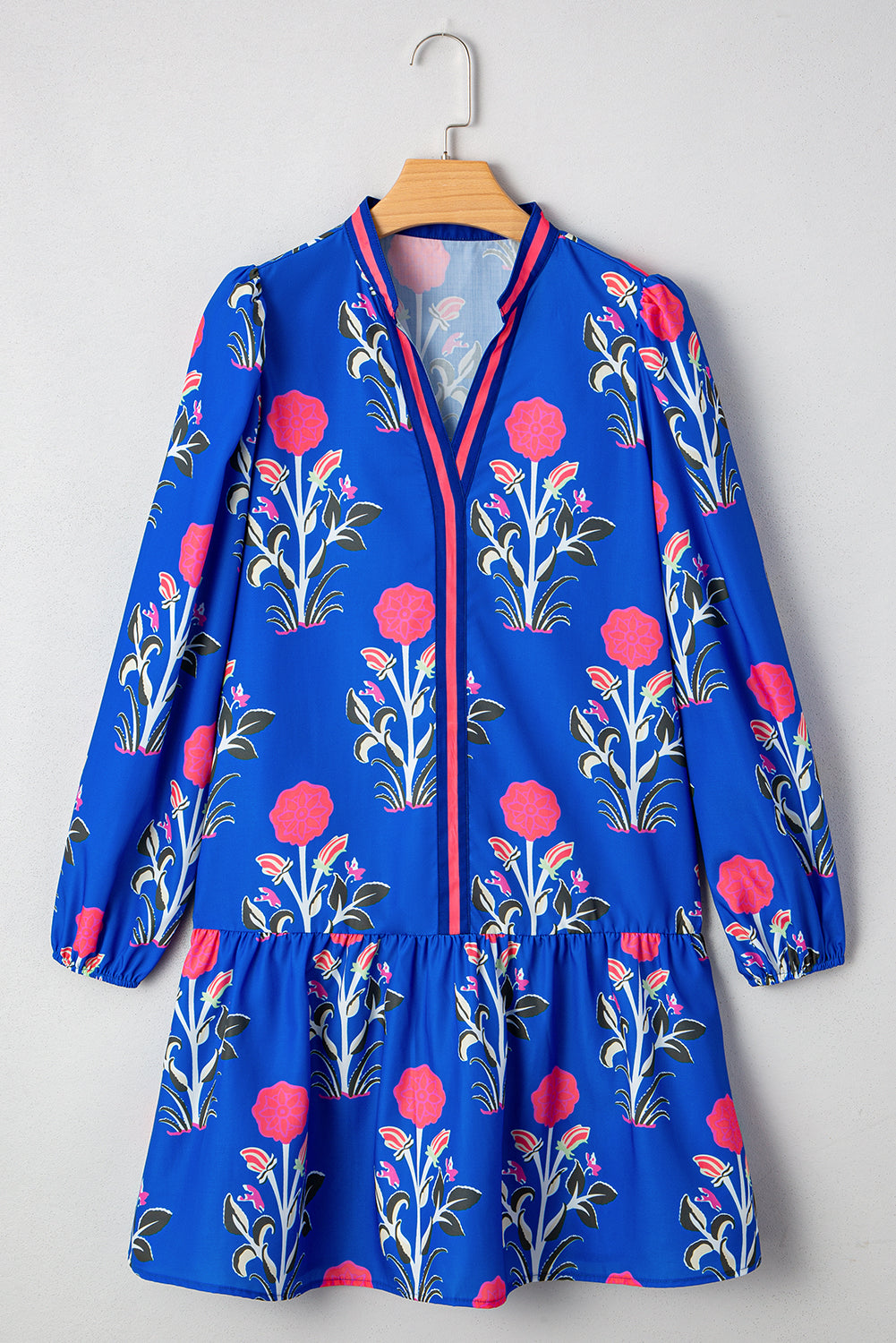 Sky Blue Floral Print Pop of Color V Neck Mini Dress Short Dresses 6dadfd72501072b5