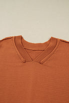 Desert Gold Colorblock Raw Edge Bubble Sleeve V Neck Sweater Sweaters 6dc607046345045b