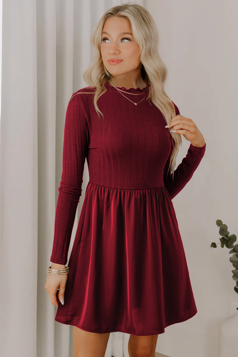 Red Dahlia Frilled Neck Ribbed Knit Patchwork Long Sleeve Mini Dress Short Dresses 6dd98d35bff3d33e
