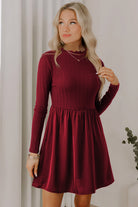 Red Dahlia Frilled Neck Ribbed Knit Patchwork Long Sleeve Mini Dress Short Dresses 6dd98d35bff3d33e