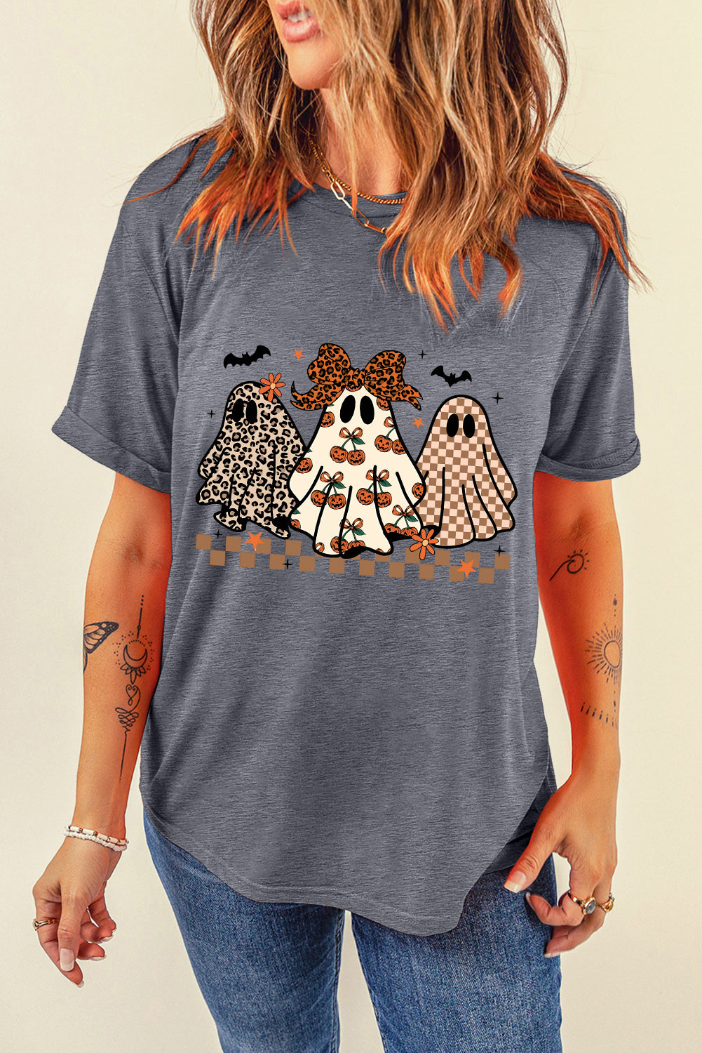 Gray Cute Halloween Ghost Heat Transfer Printing Casual Tee Graphic Tees 6e235d3fc90ab5eb