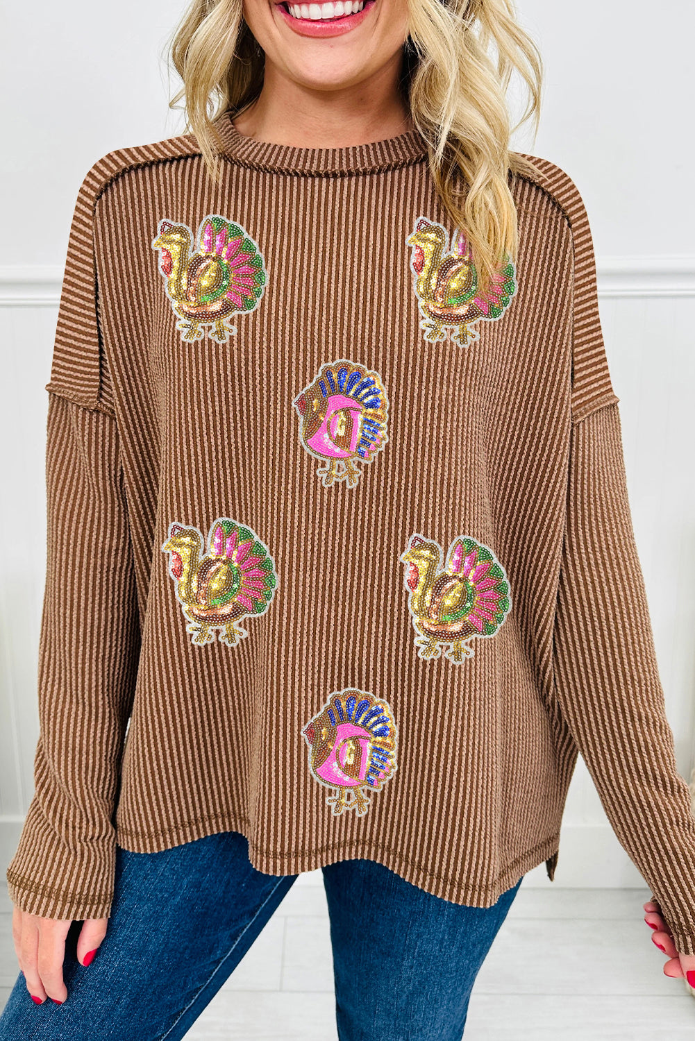 Dark Khaki Thanksgiving Twisted Ribbed Turkey Sequins Patch Exposed Seam Drop Shoulder Top Graphic Apparel 6e39de24b257a6e5