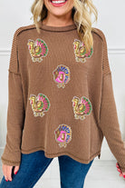 Dark Khaki Thanksgiving Twisted Ribbed Turkey Sequins Patch Exposed Seam Drop Shoulder Top Graphic Apparel 6e39de24b257a6e5