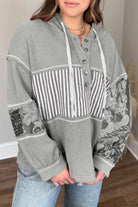 Gray Mixed Waffle Knit Patchwork Henley Plus Size Hoodie Plus Size Tops 6e47d163dbd128cc