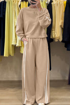 Dirty Blue Varsity Striped Detail Cropped Pullover Wide Leg Pants 2pcs Outfit Two Piece Pants Sets 6e69654a3b37dc14