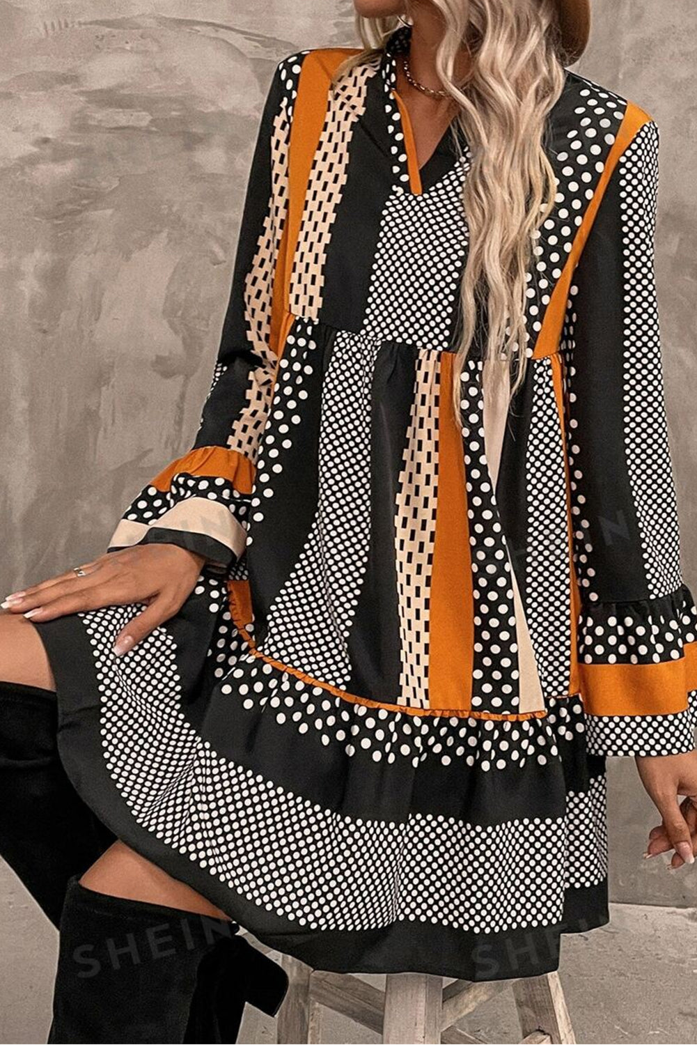 Black Striped Polka Dot Print Ruffle Hem V Neck Loose Mini Dress Short Dresses 6e70f2d5f14e474c