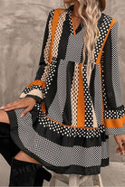 Black Striped Polka Dot Print Ruffle Hem V Neck Loose Mini Dress Short Dresses 6e70f2d5f14e474c