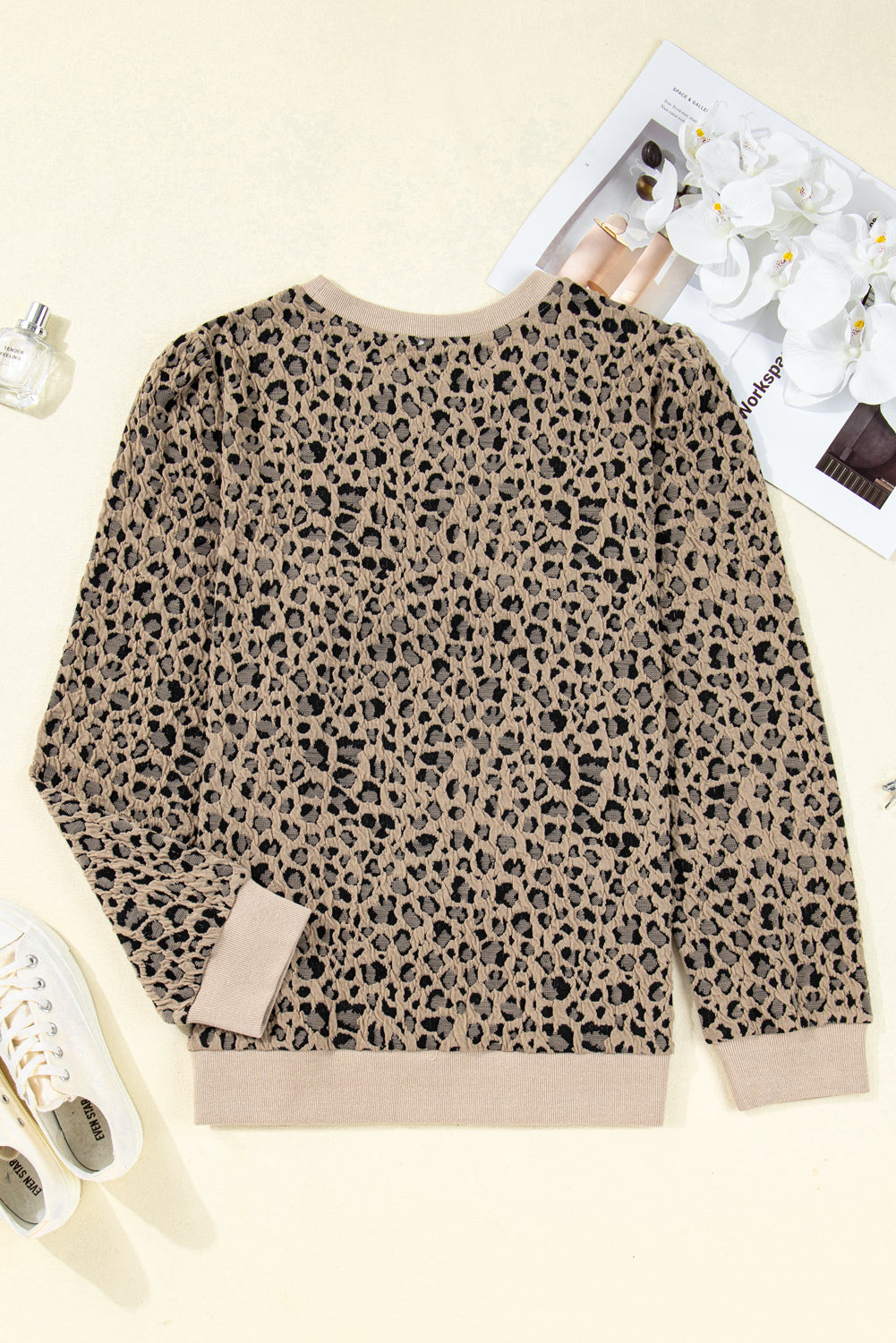 Khaki Leopard Textured Ribbed Trim Plus Size Long Sleeve Top Plus Size Tops 6e7e660aa957e9c7