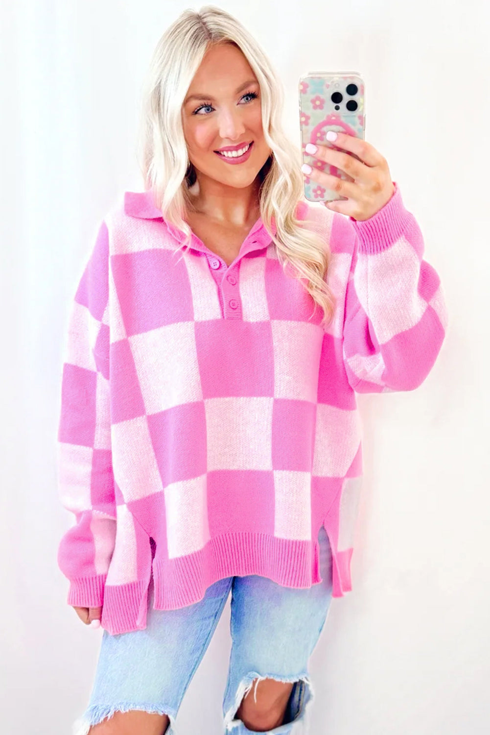 Pink Checkered Button Collared Sweater Sweaters 6e814a7e24a4da3f