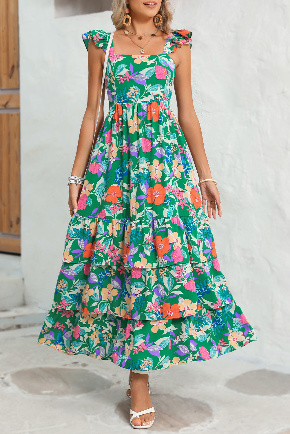 Green Boho Floral Print Ruffle Sleeveless Tiered Maxi Dress Maxi Dresses 6eb9257a064a0f2a