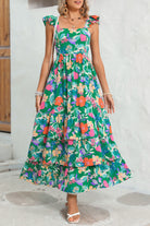 Green Boho Floral Print Ruffle Sleeveless Tiered Maxi Dress Maxi Dresses 6eb9257a064a0f2a
