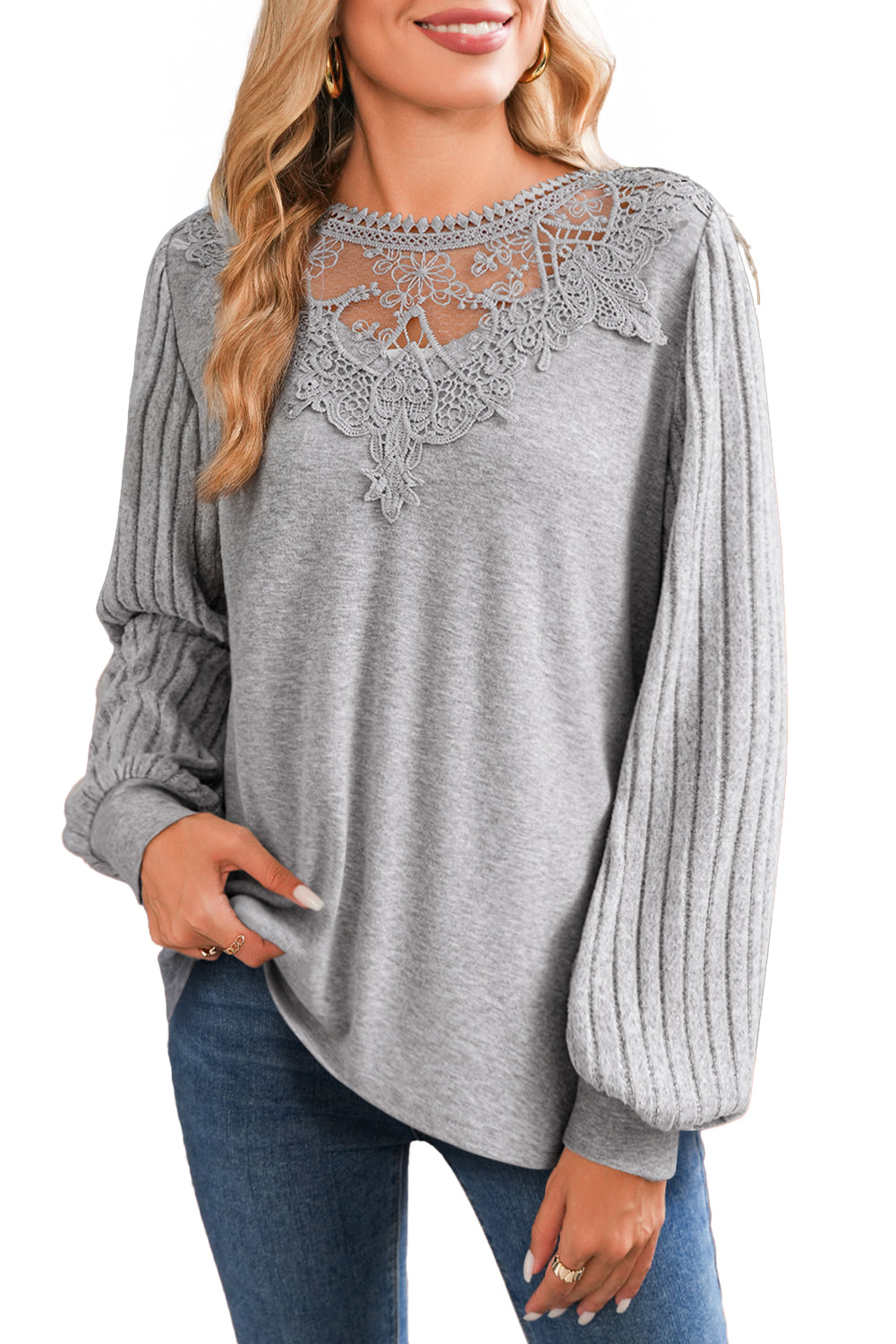 Gray Solid Lace Applique Round Neck Long Sleeve Top Long Sleeve Tops 6ed6d5758fe4cc35