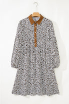 Khaki Plus Size Button V Neck Leopard Print Puff Sleeve Loose Mini Dress Plus Size Dresses 6ed76fc50ebd5413