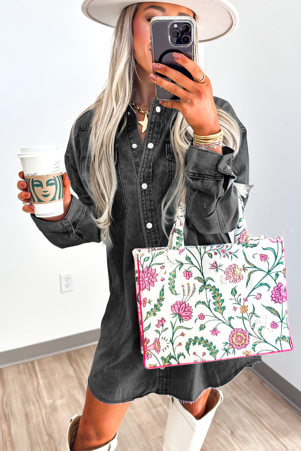 Medium Grey Chest Pocket Raw Hem Denim Loose Shirt Dress Short Dresses 6ee73708cb8c8047