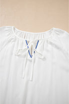 White Floral Embroidered Drawstring V Neck Blouse Blouses 6eefaabcdb0ee26e