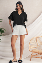 Black V Neck Bow Detail Puff Sleeve Blouse Blouses 6efba1e8b24e8729