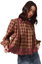 Red Dahlia Plaid Lace Hem Button Down Shirt Long Sleeve Tops 6efbfce4f86e45b3