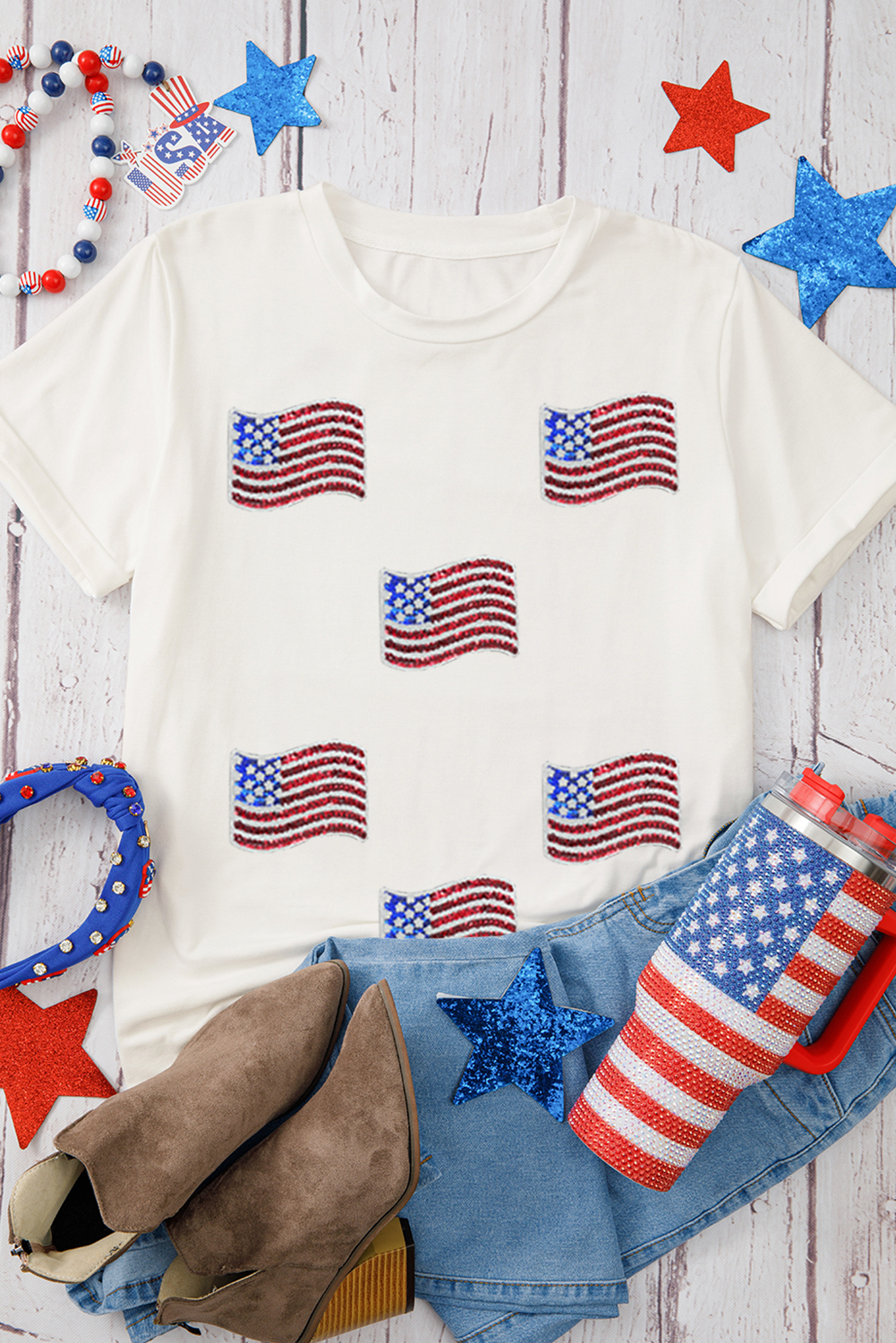 White Sequin American Flag Patched Casual T Shirt Graphic Tees 6f15156224242b2f