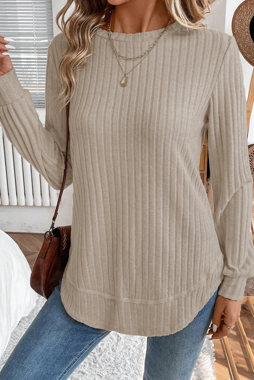Ribbed Texture Round Neck Long Sleeve Rounded Hem Top Long Sleeve Tops 6f1574b81b002d5e