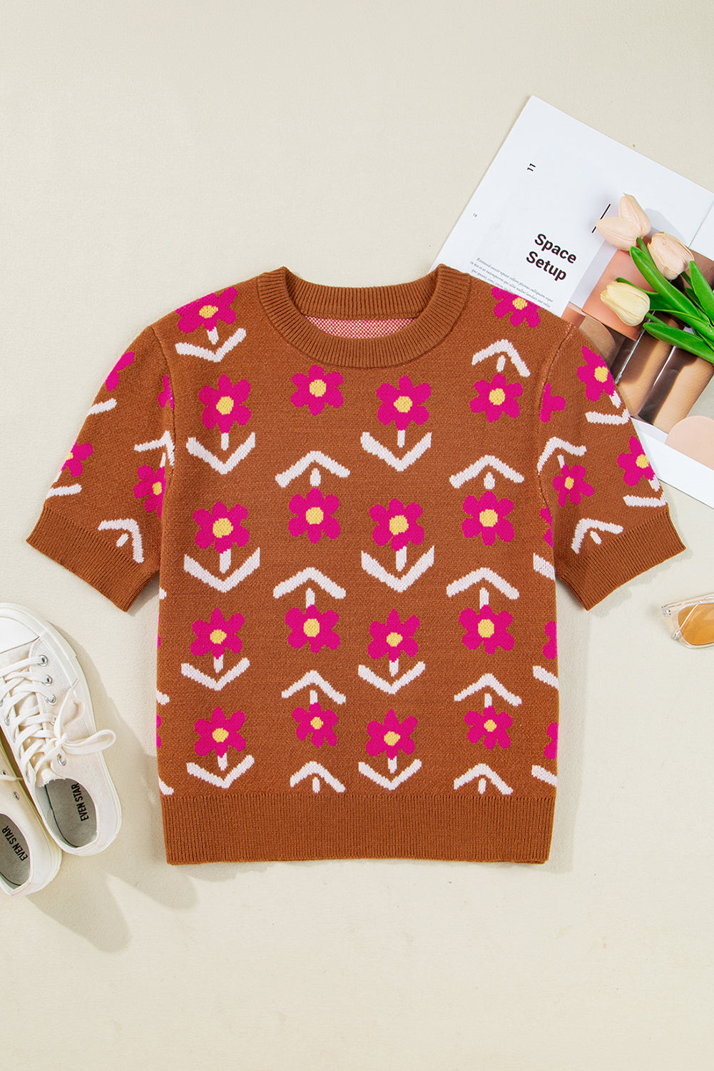 Brown Floral Pattern Short Puff Sleeve Sweater Short Sleeve Sweater 6f1be54397836c58